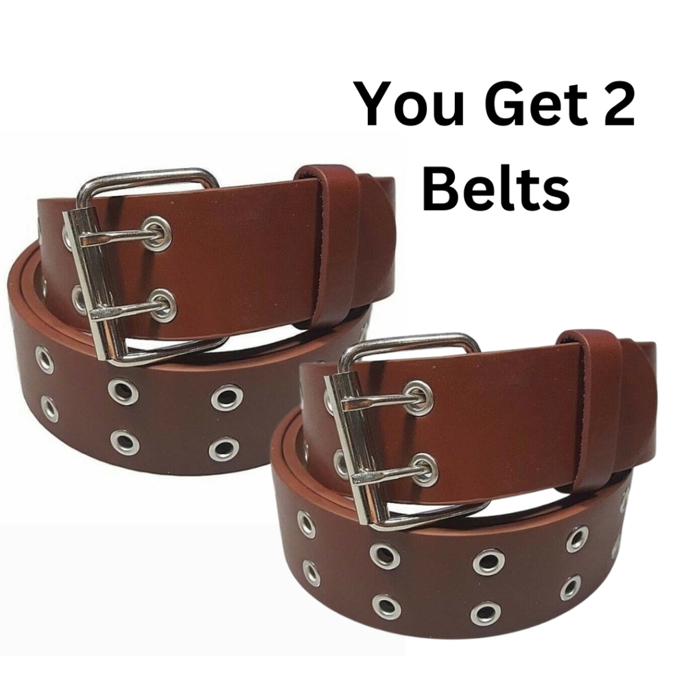 Men's Genuine Leather 2 Belts Brown Two hole metal grommet casual belt LARGE